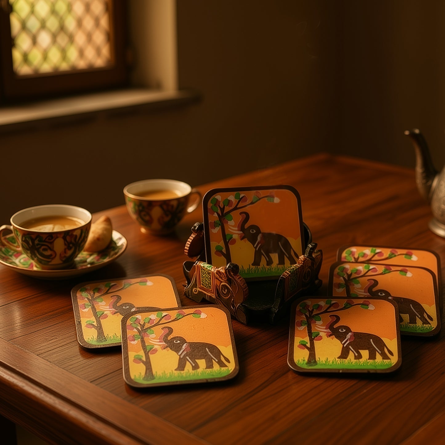Matang Coaster Set | Handcrafted Wooden Elephant Coasters with Holder