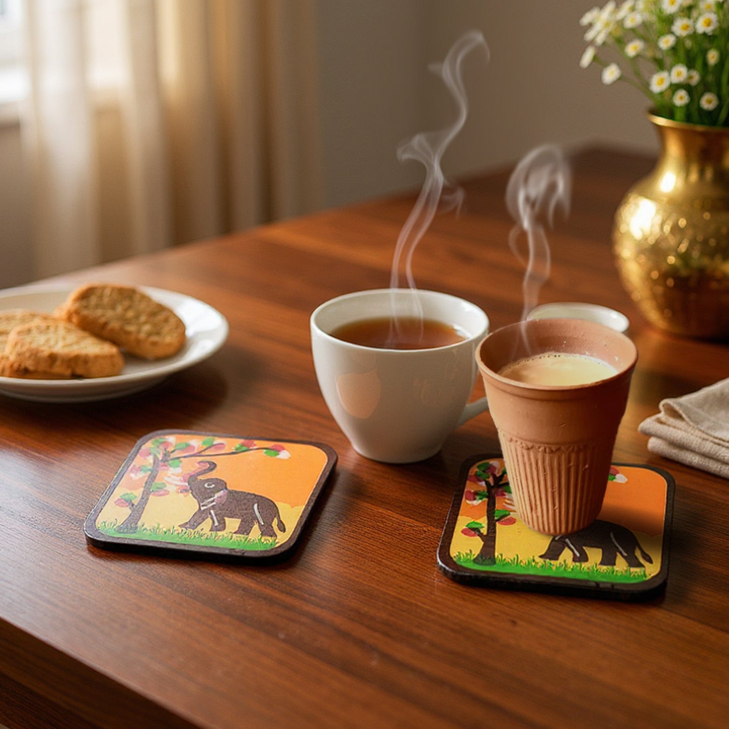 Matang Coaster Set | Handcrafted Wooden Elephant Coasters with Holder