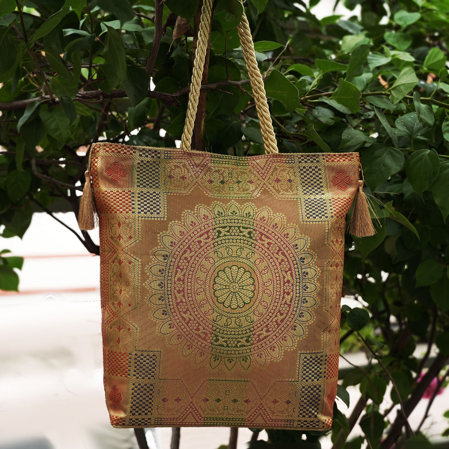 Ethnic Brocade Tote Bag – Festive Mandala Design