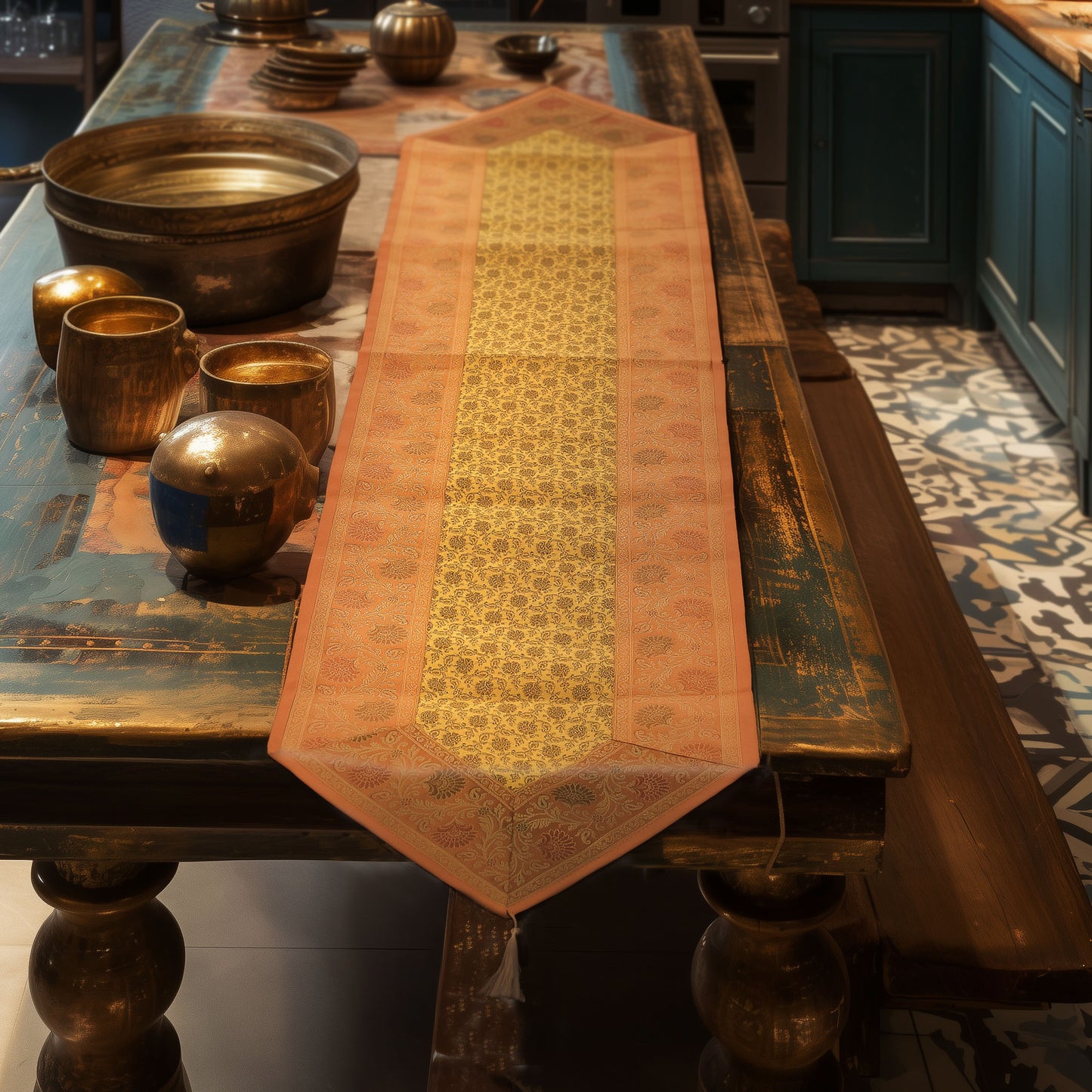 Regal Banarasi Brocade Table Runner – Peach & Red Variants