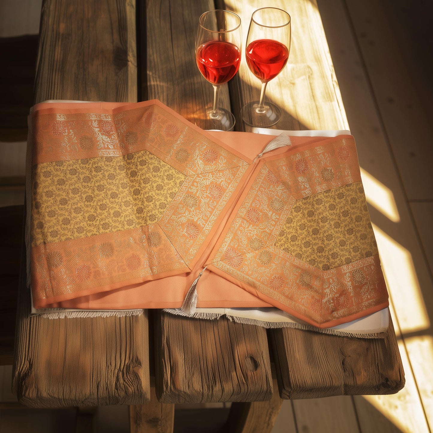 Regal Banarasi Brocade Table Runner – Peach & Red Variants
