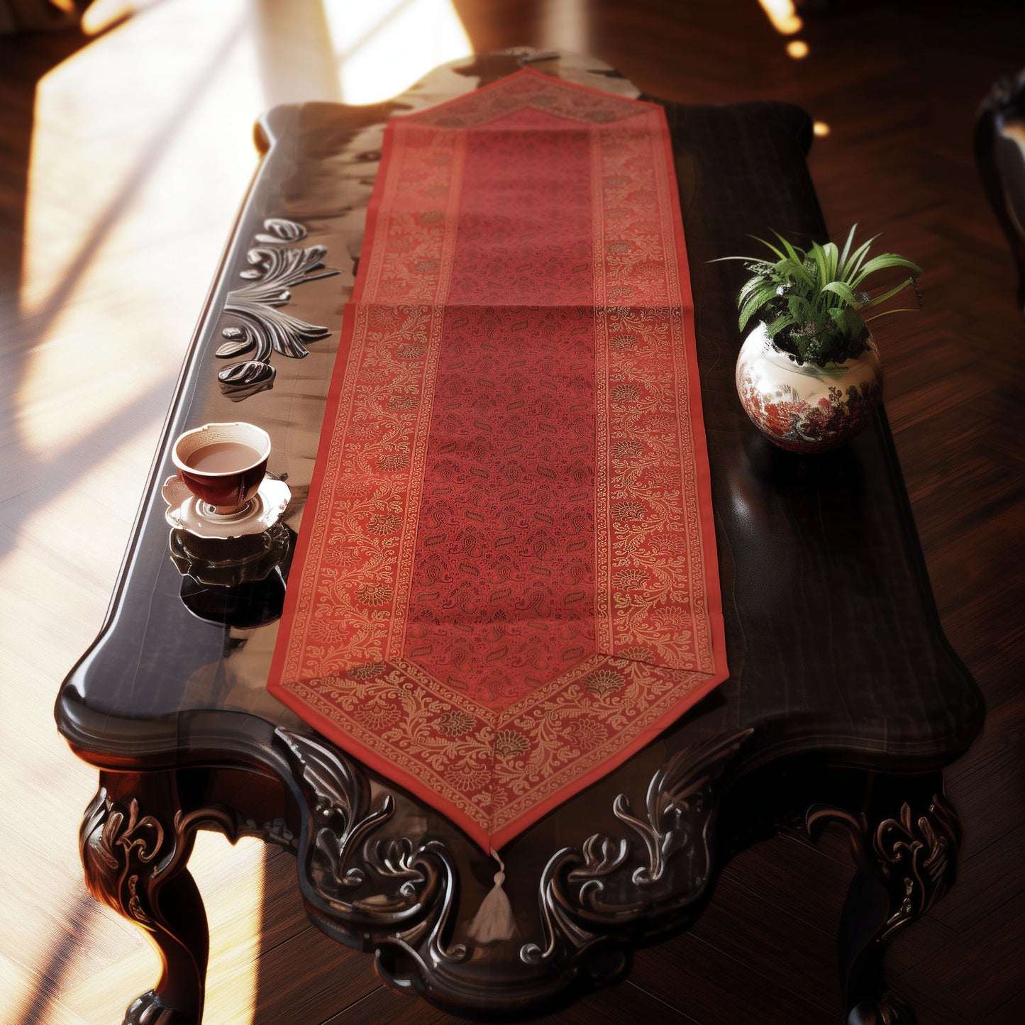 Regal Banarasi Brocade Table Runner – Peach & Red Variants