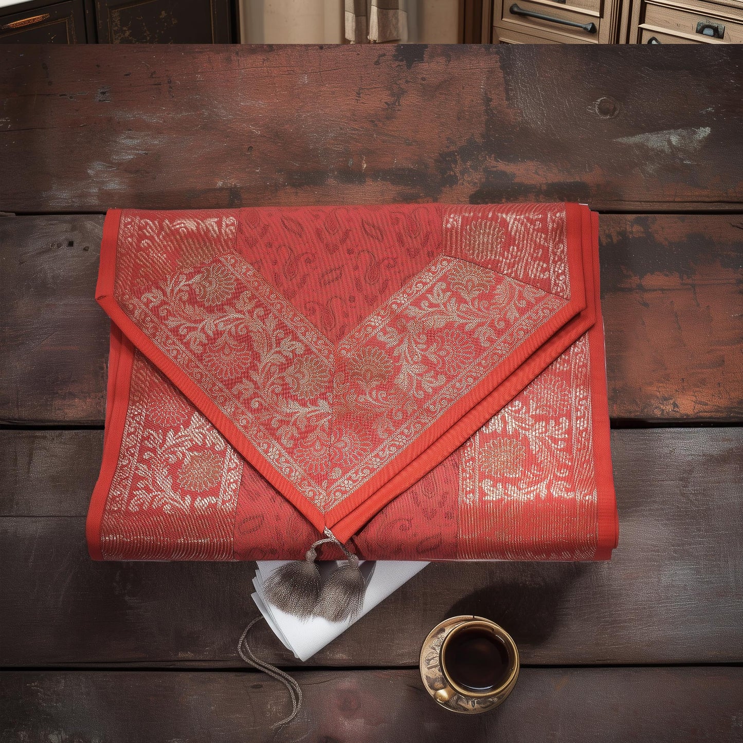Regal Banarasi Brocade Table Runner – Peach & Red Variants