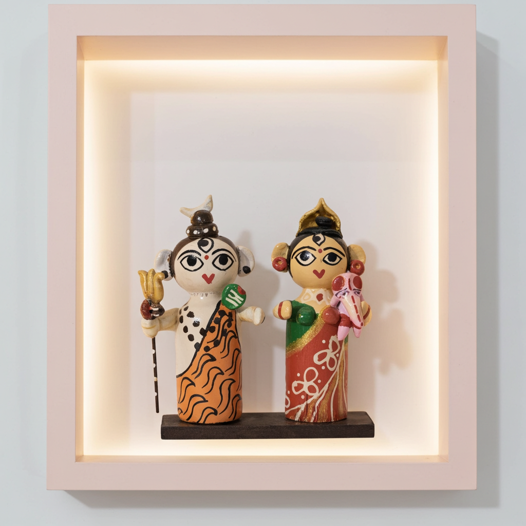 Shiv–Parvati with Bal Ganesha Wooden Lacquerware Idol (10 cm × 9 cm)