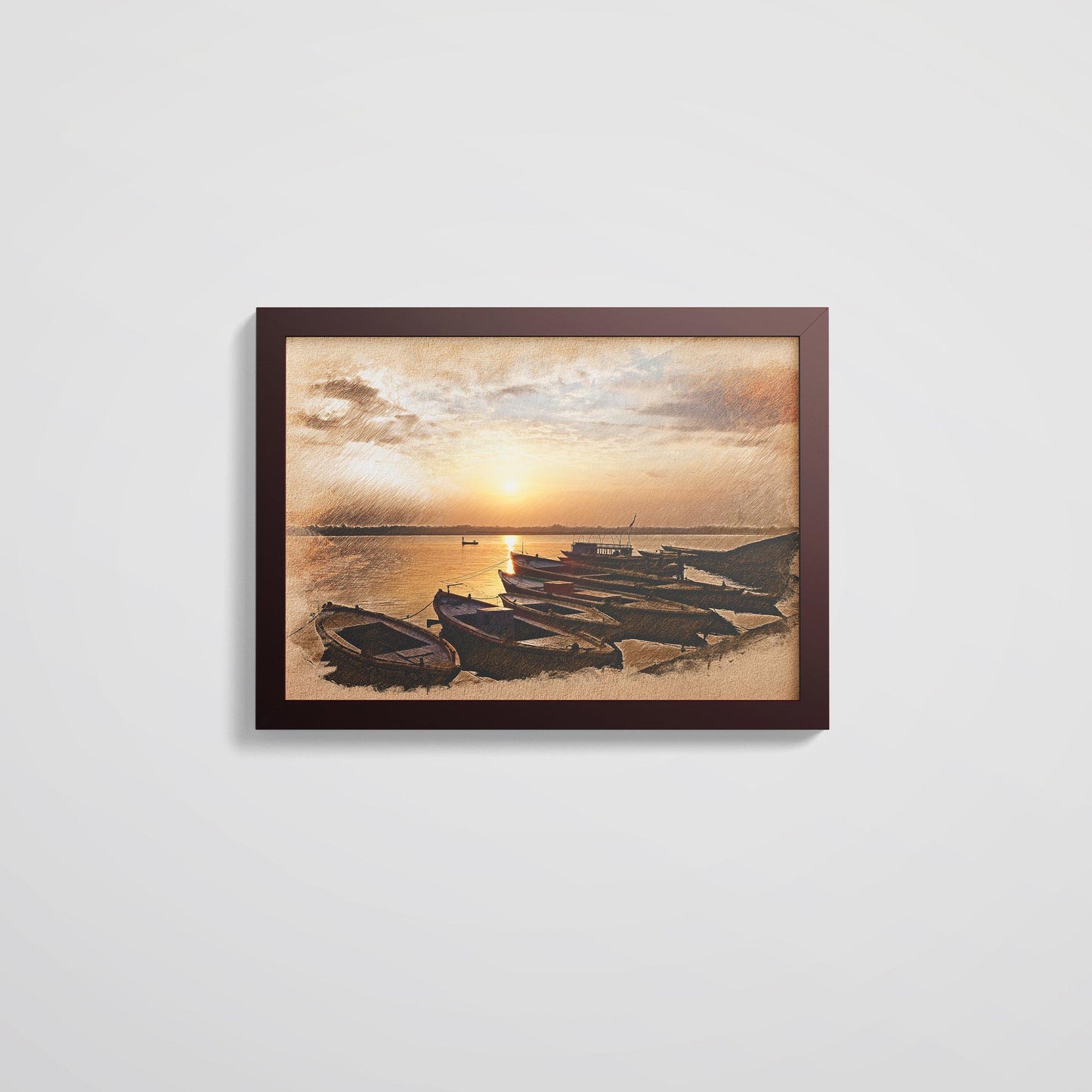 Serene Dawn: Boats at Varanasi Ghat - Framed Fusion Art Print