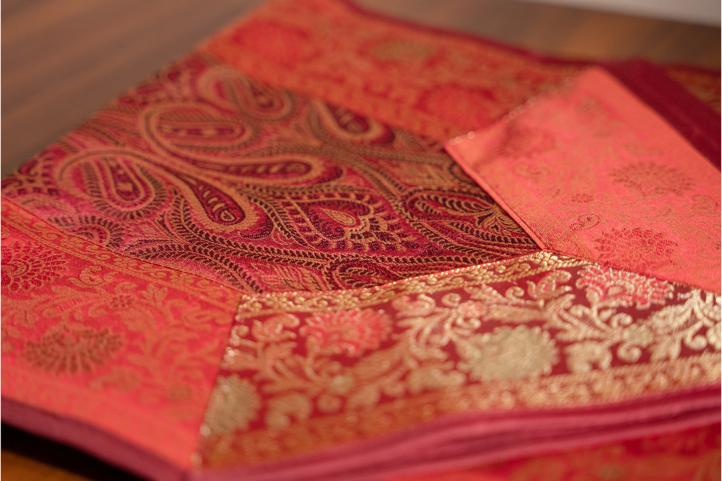 Regal Banarasi Brocade Table Runner – Peach & Red Variants