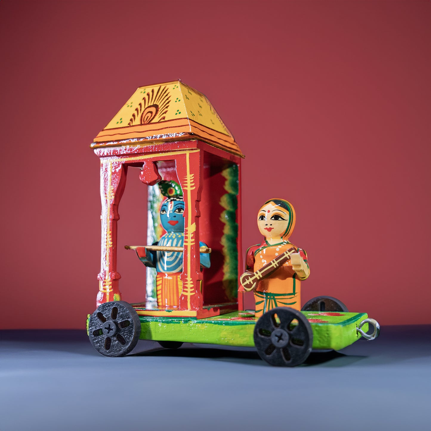 Wooden Krishna Rath Toy – Handcrafted Pull Cart with Decorative Art & Rolling Wheels