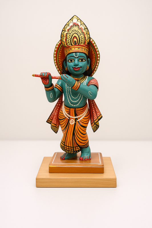Handcrafted Lord Krishna Wooden Idol – Lacquerware Art from Varanasi 25 cm × 10 cm