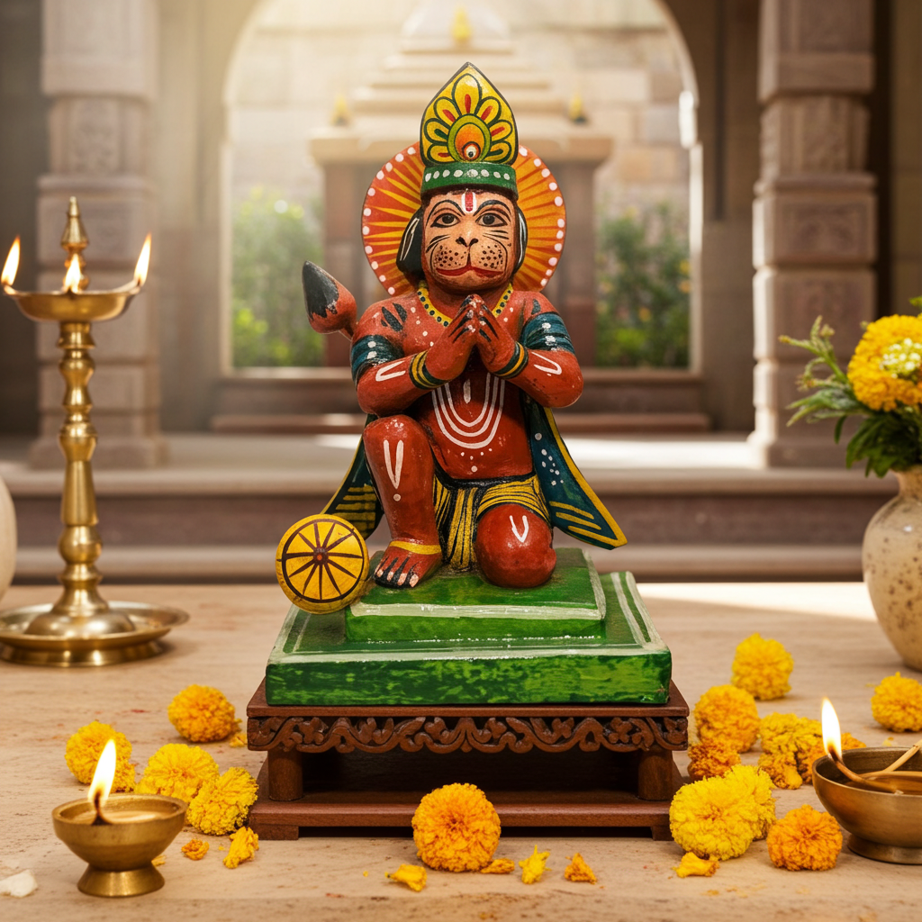 Bhakt Shiromani Hanuman – Divine Wooden Idol (15 cm × 9 cm)