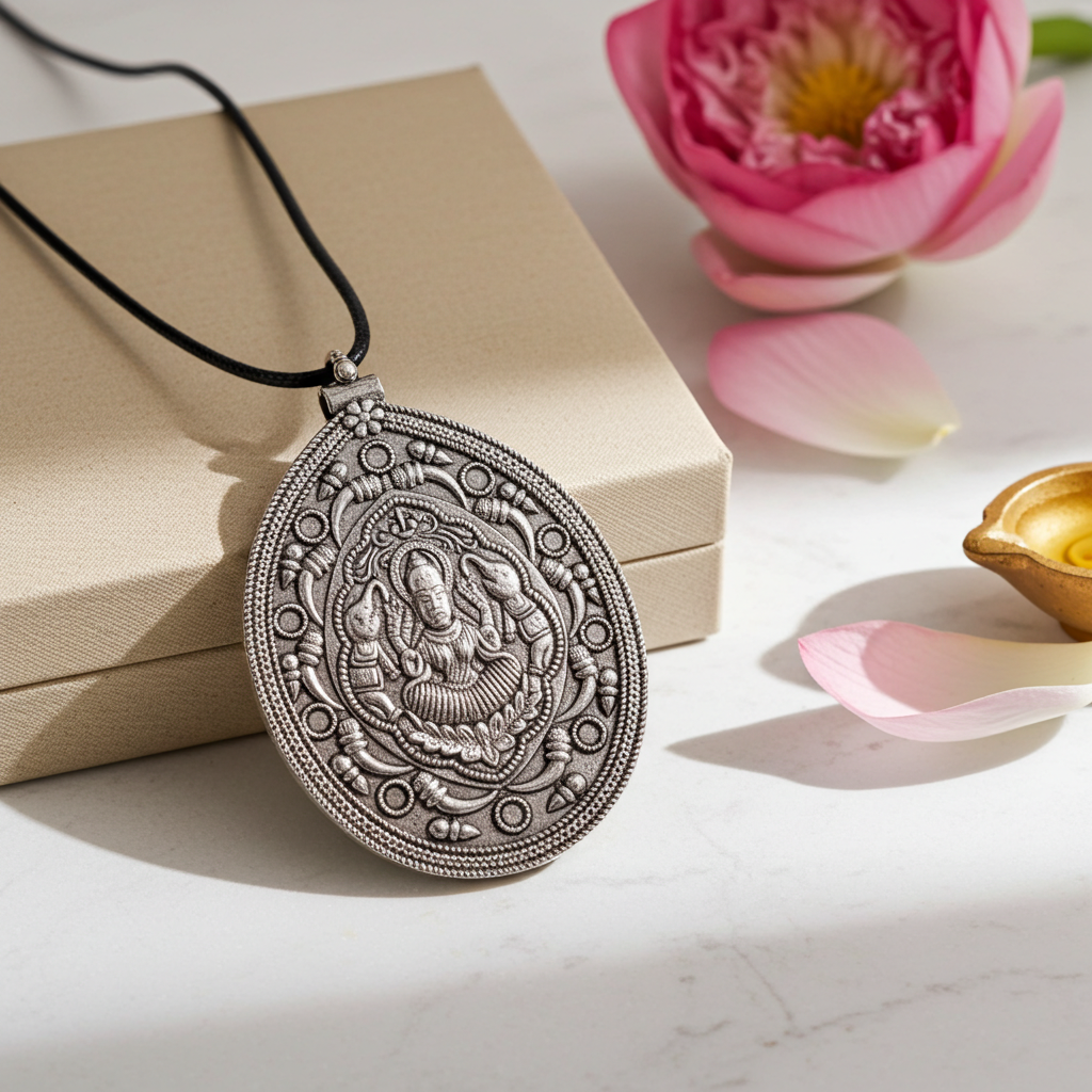 Divine Lakshmi Devi Pendant – Antique Silver Finish