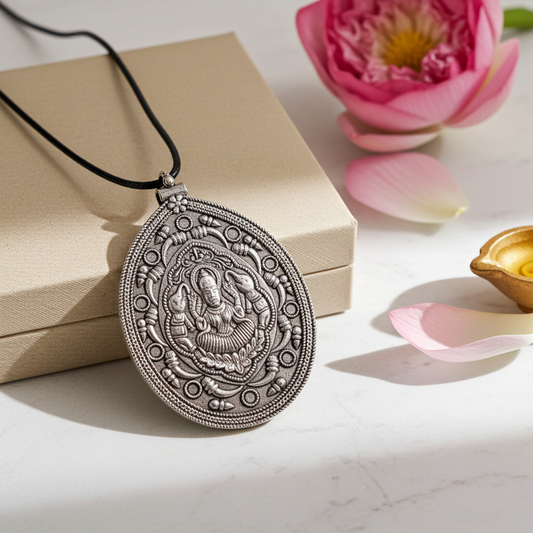Divine Lakshmi Devi Pendant – Antique Silver Finish
