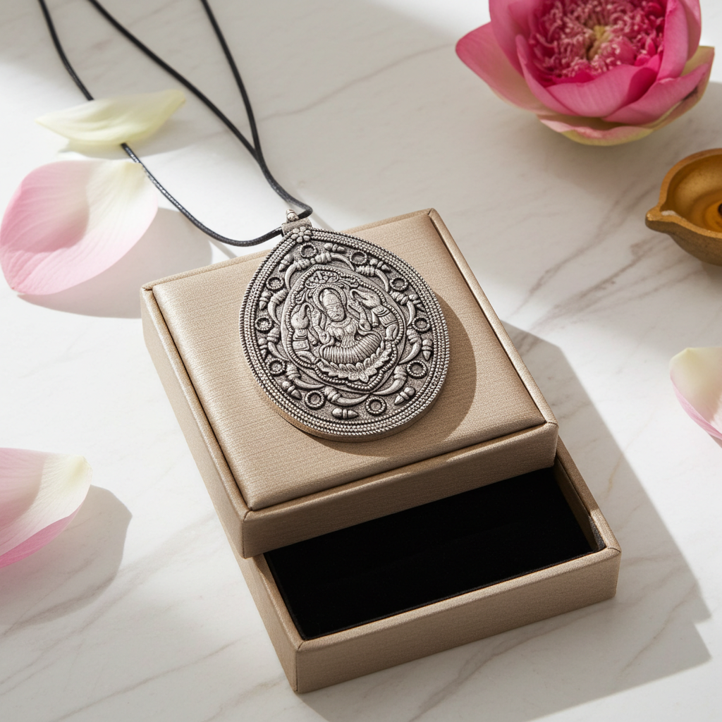 Divine Lakshmi Devi Pendant – Antique Silver Finish