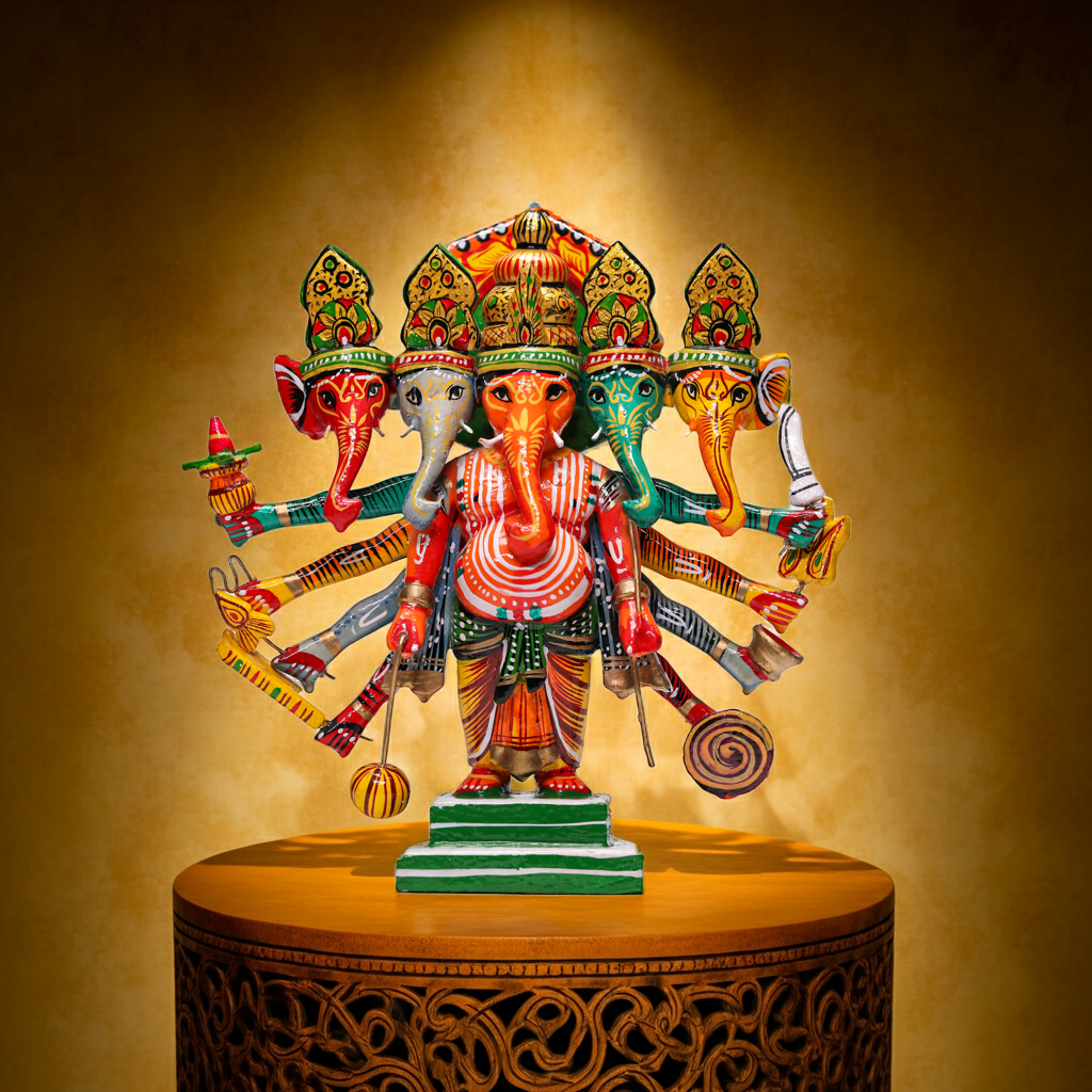 हाथ से चित्रित लकड़ी की पंचमुखी भगवान गणेश मूर्ति 