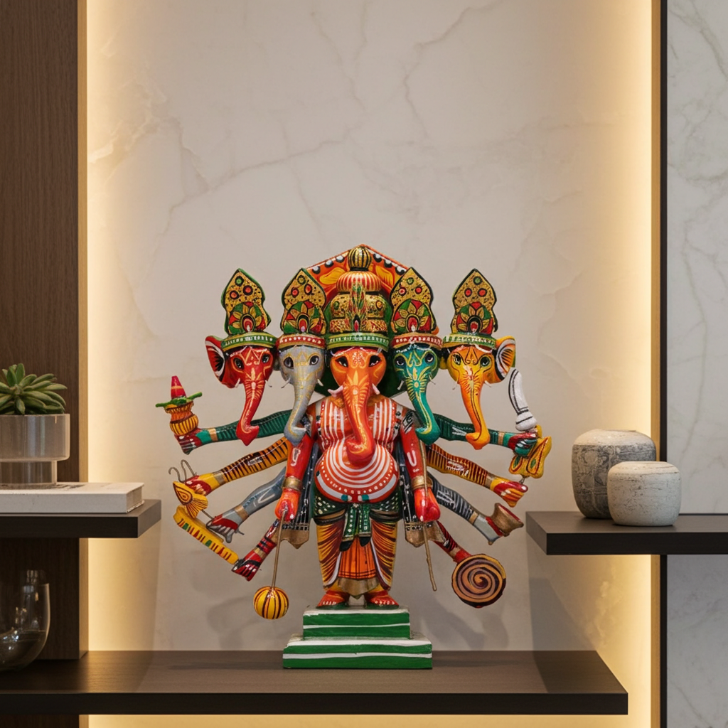 हाथ से चित्रित लकड़ी की पंचमुखी भगवान गणेश मूर्ति 