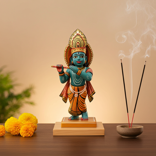 वाराणसी की हस्तनिर्मित लकड़ी की भगवान कृष्ण की मूर्ति - लाख की कलाकृति, 25 सेमी × 10 सेमी