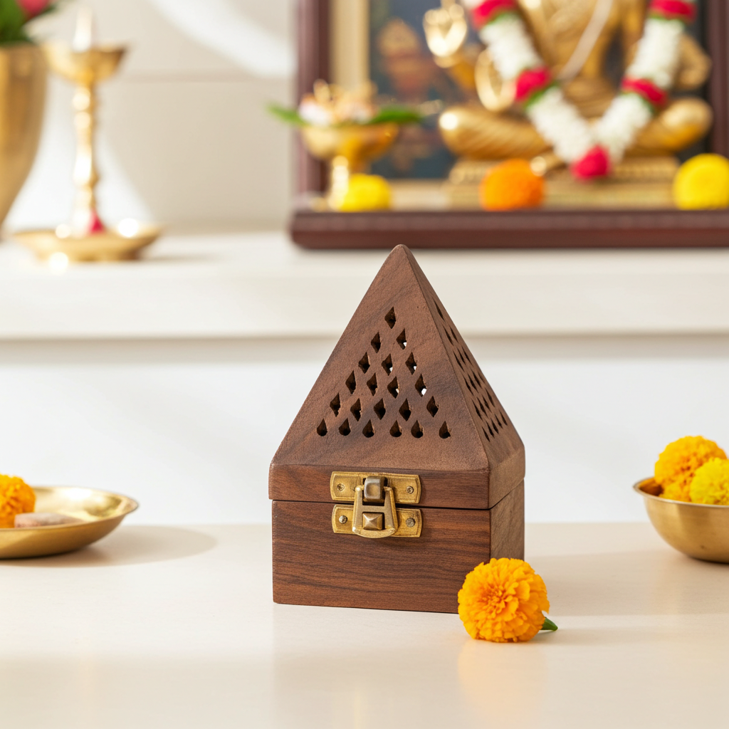 Handcrafted Wooden Dhoop Box with Brass Lock (13cm X 8cm)
