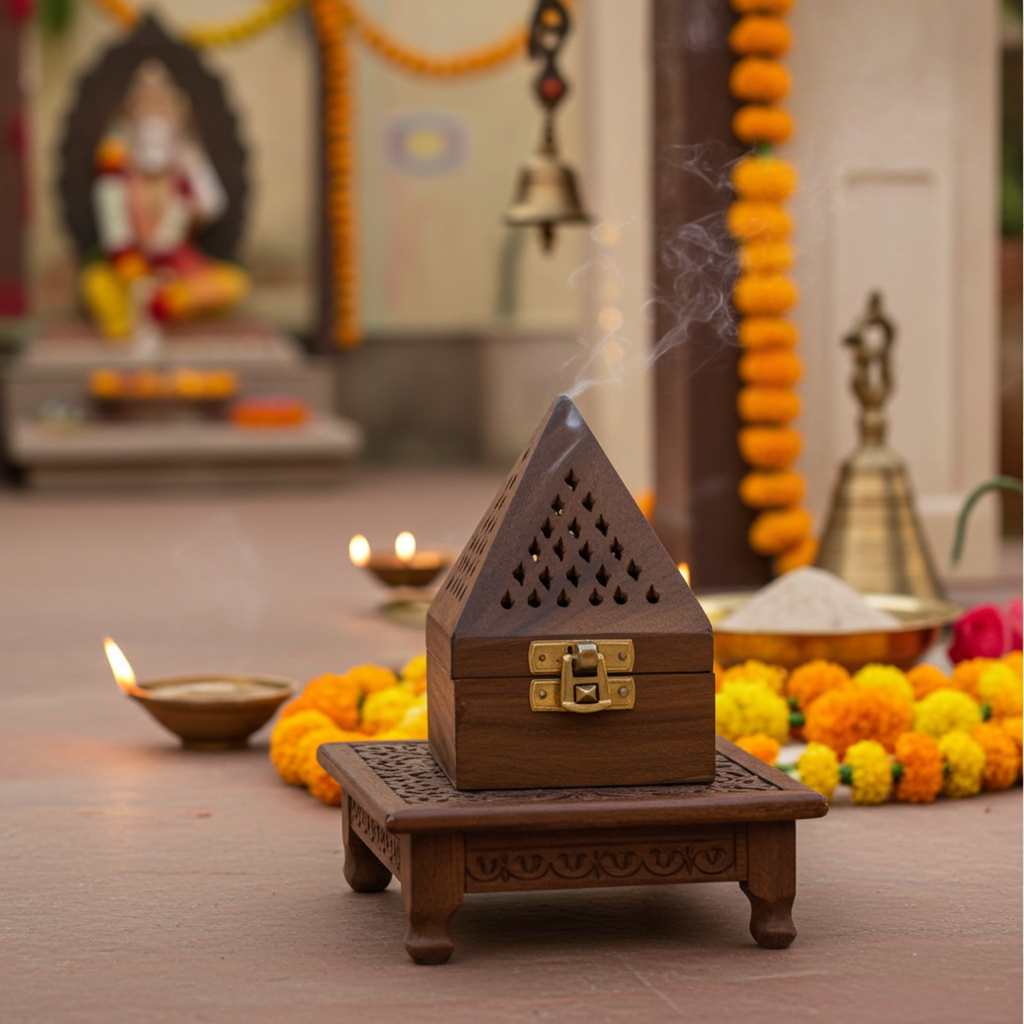 Handcrafted Wooden Dhoop Box with Brass Lock (13cm X 8cm)