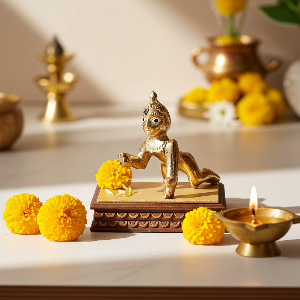 मिनी पीतल के लड्डू गोपाल की मूर्ति - पूजा के लिए हस्तनिर्मित बाल कृष्ण मूर्ति