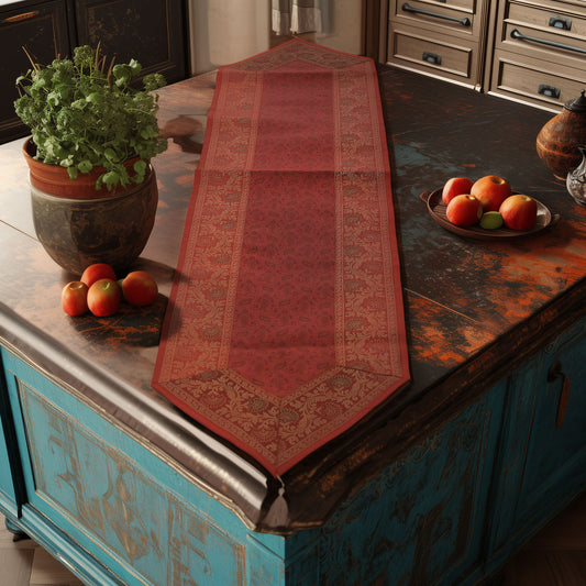 Regal Banarasi Brocade Table Runner – Peach & Red Variants