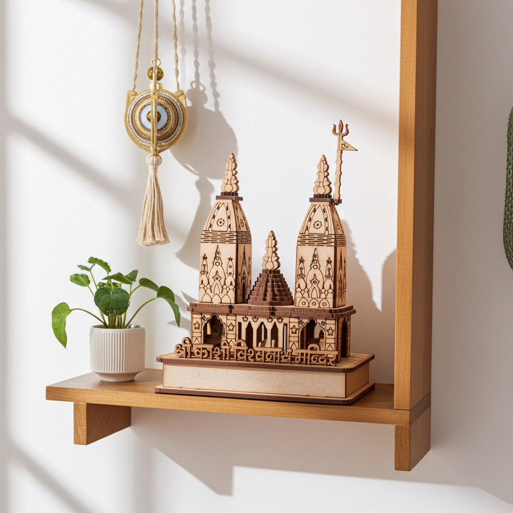 श्री काशी विश्वनाथ मंदिर की लकड़ी की लघु प्रतिकृति – हस्तनिर्मित (16x12x7 सेमी)