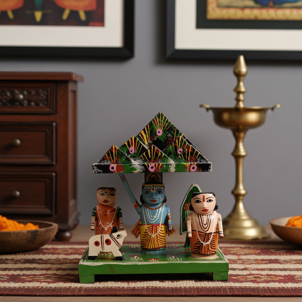 Wooden Lacquerware Sculpture of Shri Krishna Lifting Govardhan Parvat