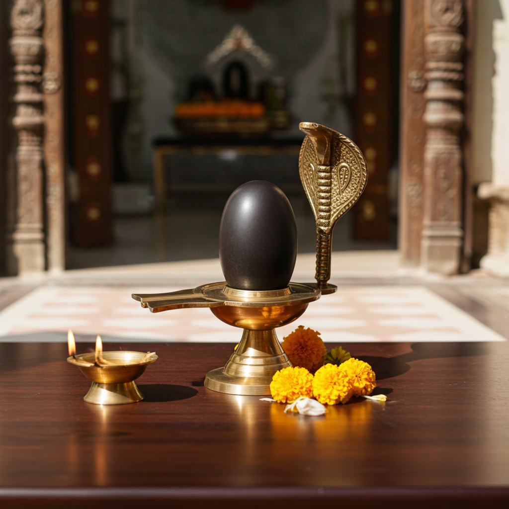 Narmadeshwar Shivling with Bronze Stand (3-5 cm Shivling & 9 cm Stand)