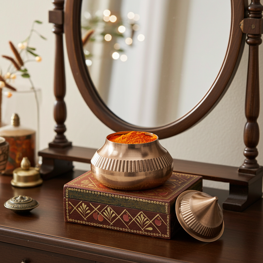 स्क्रू कैप के साथ हस्तनिर्मित पीतल का सिंदूर/कुमकुम बॉक्स