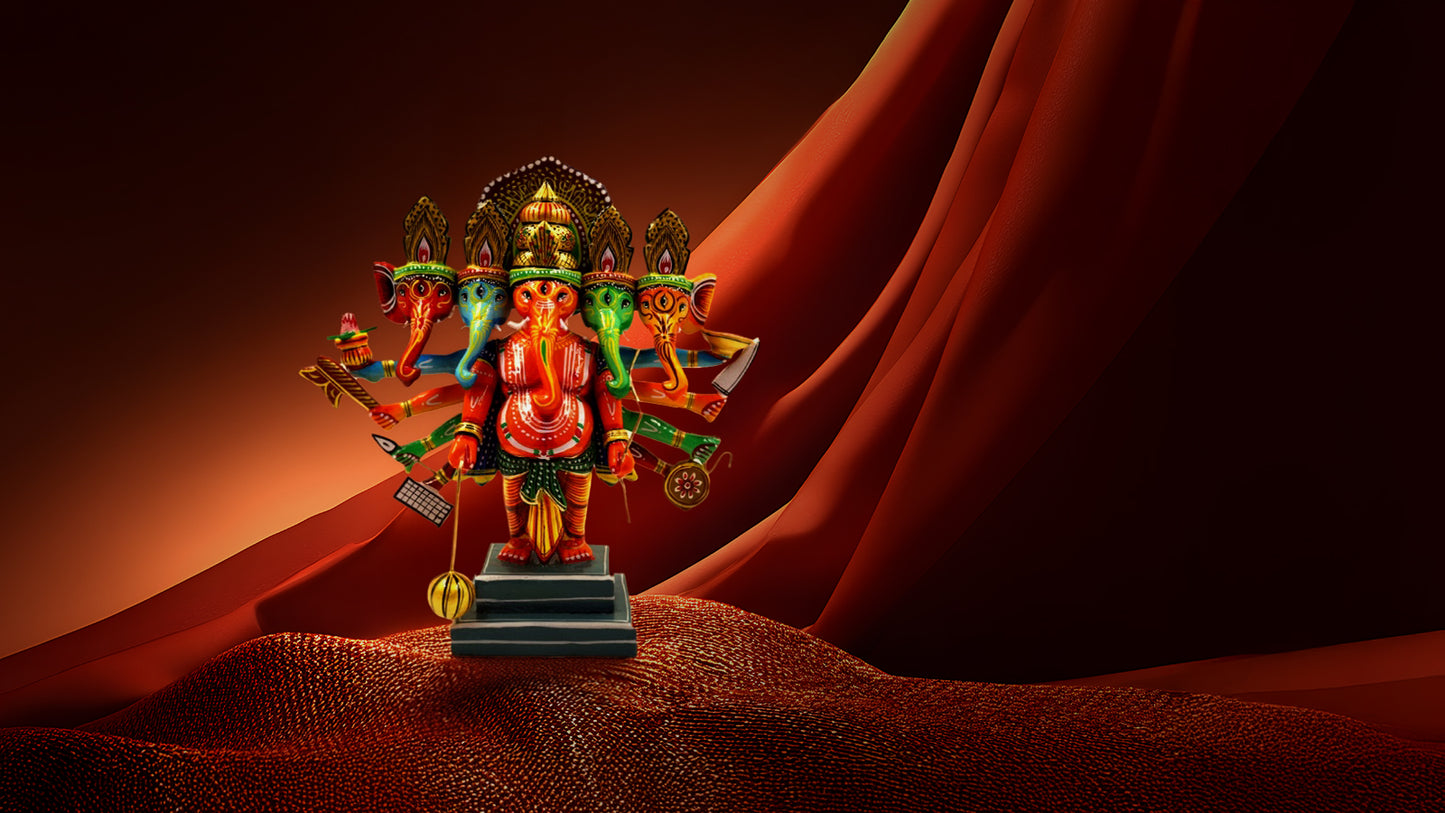 Hand-Painted Wooden Panchmukhi Lord Ganesha Moorti