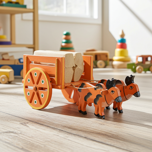हाथ से निर्मित लकड़ी की बैलगाड़ी - बच्चों और घर की सजावट के लिए पारंपरिक सजावटी खिलौना