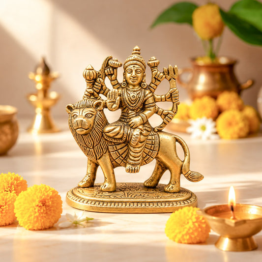 Antique Brass Maa Durga Sitting on Lion