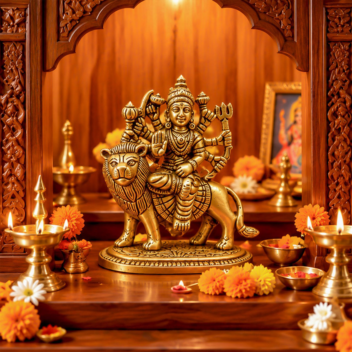 Antique Brass Maa Durga Sitting on Lion
