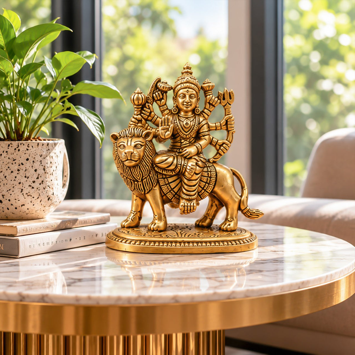 Antique Brass Maa Durga Sitting on Lion