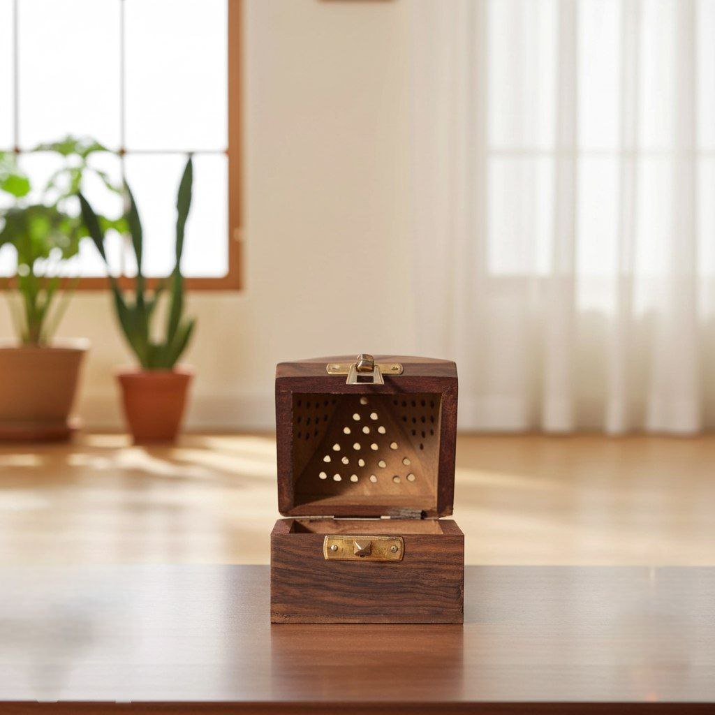 Handcrafted Wooden Dhoop Box with Brass Lock (13cm X 8cm)