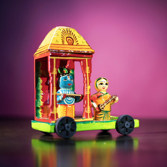 Wooden Krishna Rath Toy – Handcrafted Pull Cart with Decorative Art & Rolling Wheels