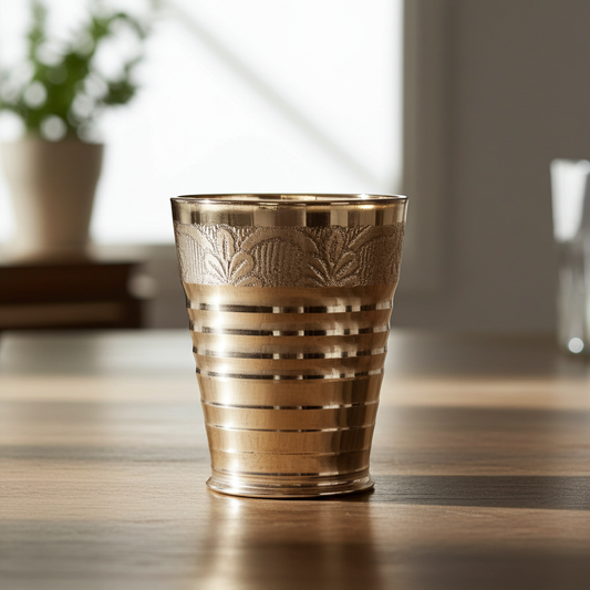 उभरे हुए डिज़ाइन वाला पीतल का छोटा पूजा गिलास
